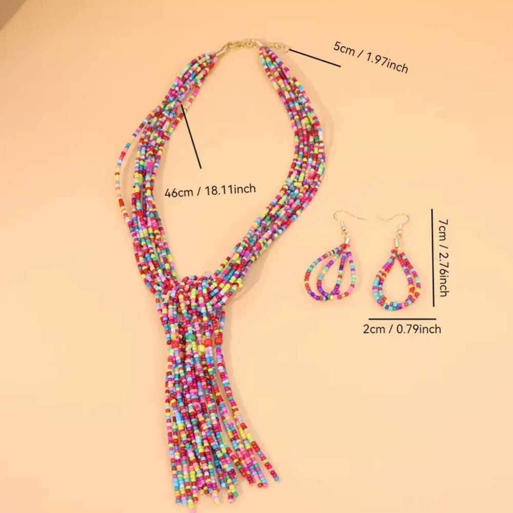 Colorful Beaded Scarf Necklace with Tassel Fringe - Picture 5 of 5